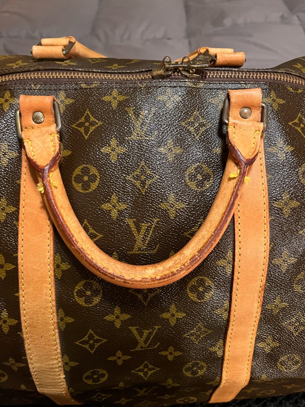 Louis Vuitton Brown Monogram Keepall Duffel Bag with Tan Leather Trim - Picture 2 of 16